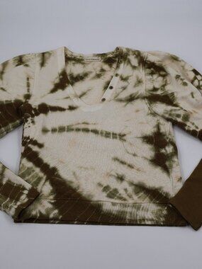 Ulla Johnson Tie Dye Puff Sleeve Sweatshirt Womens Small Green V-Neck‎ Cotton